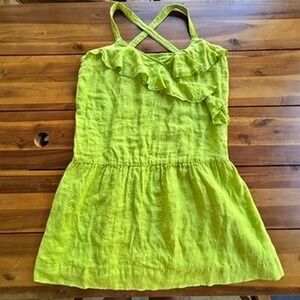 120% Lino Italian Linen Ruffle Crossback Dress Lime Green Size 46, US 10